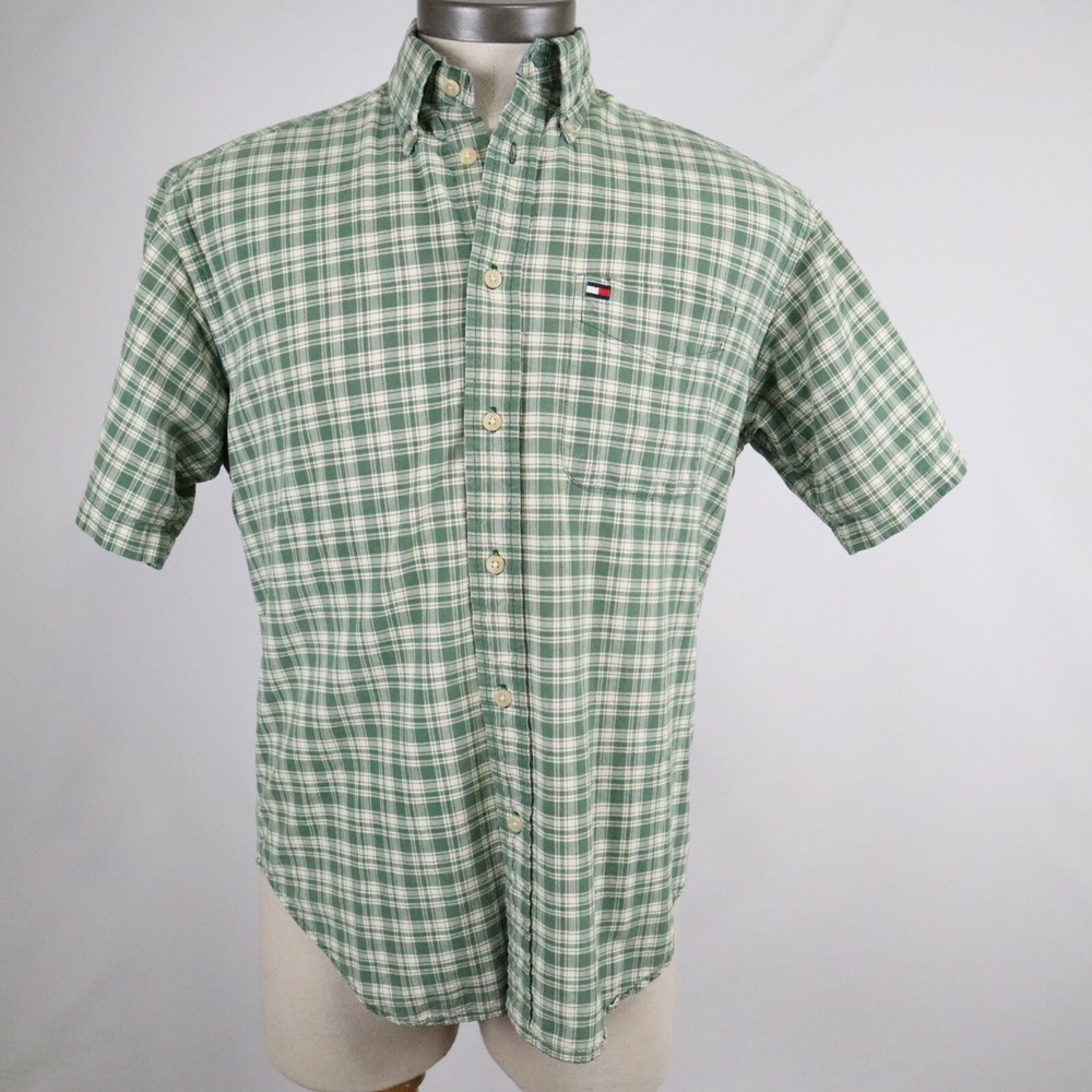 Tommy Hilfiger Shirt Mens Small Casual Pocket Button Up Green Plaid Short Sleeve